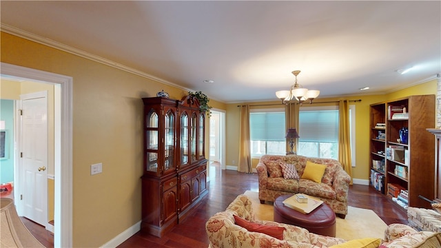 living area with baseboards, ornamental molding, and dark wood finished floors