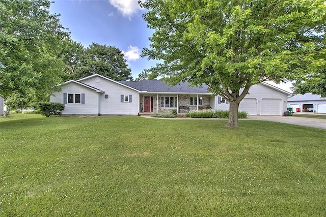 7950 Lehman Rd, Decatur, IL 62521 - ranch-style house featuring a porch, driveway, a front lawn, and an attached garage