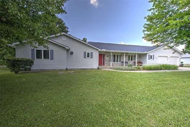 7950 Lehman Rd, Decatur, IL 62521 - ranch-style house featuring an attached garage, a front lawn, covered porch, driveway, and roof with shingles