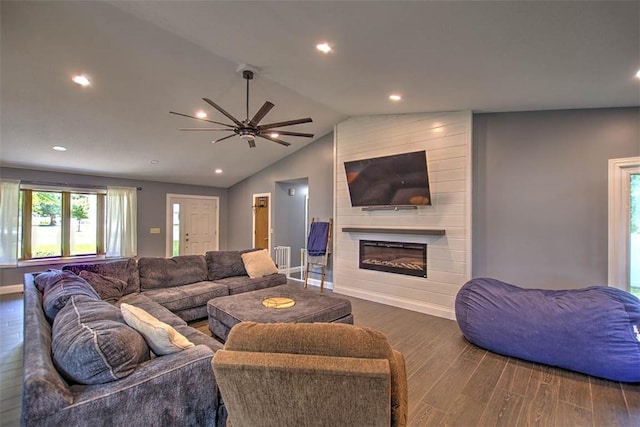 7950 Lehman Rd, Decatur, IL 62521 - living area featuring wood finished floors, a ceiling fan, a large fireplace, recessed lighting, and lofted ceiling