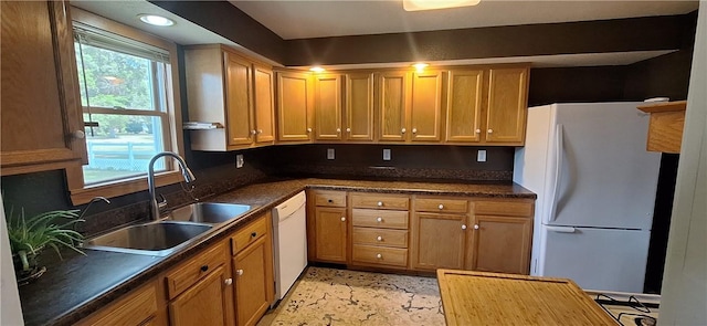 406 S Gray St, Sidell, IL 61876 - kitchen featuring white appliances, dark countertops, recessed lighting, and open shelves