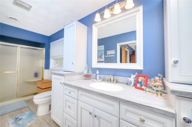 18 Woodmere Dr, Paris, IL 61944 - bathroom featuring a shower stall, vanity, toilet, and wood finished floors