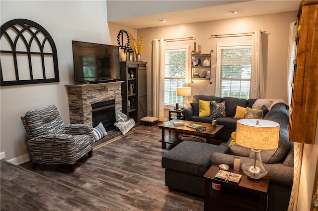 living room with a fireplace and hardwood / wood-style floors