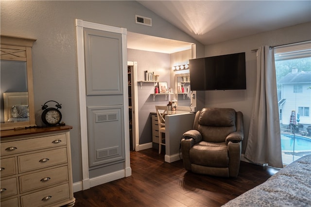 bedroom featuring dark hardwood / wood-style flooring, access to outside, vaulted ceiling, and multiple windows