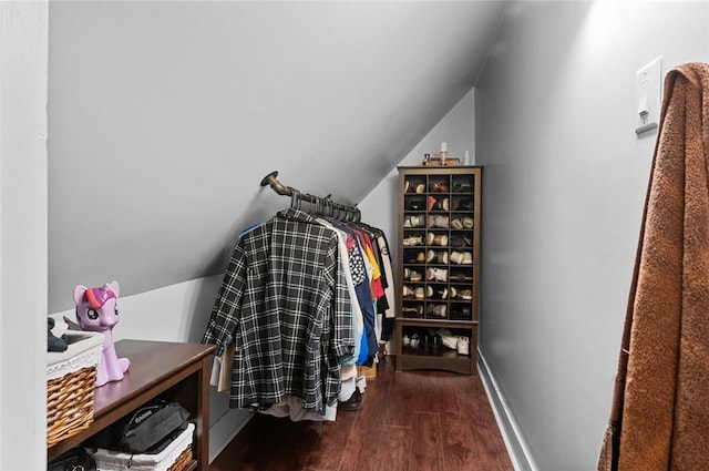 spacious closet featuring lofted ceiling and wood finished floors