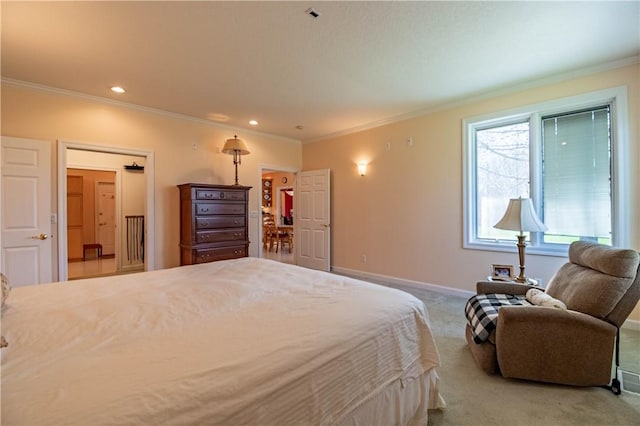 bedroom with baseboards, light colored carpet, recessed lighting, and ornamental molding