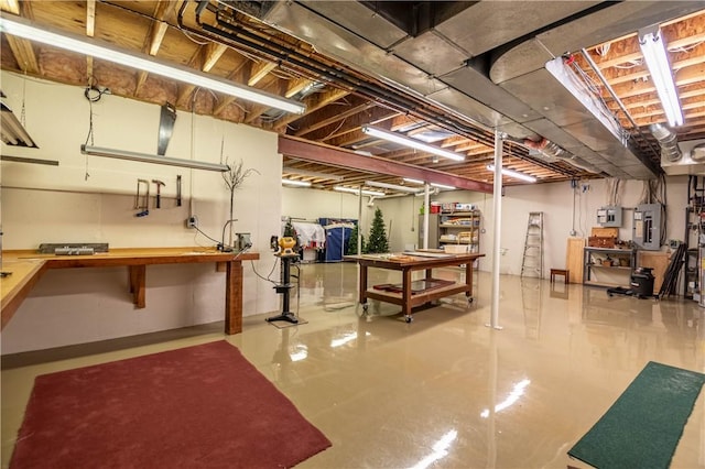 unfinished below grade area with electric panel and a workshop area