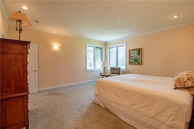 bedroom featuring baseboards, light colored carpet, recessed lighting, and ornamental molding