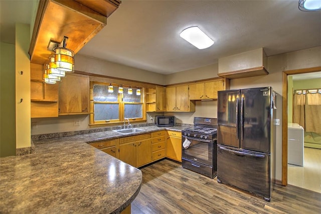 427 S Madison St, Cerro Gordo, IL 61818 - kitchen with black appliances, open shelves, a sink, and dark countertops