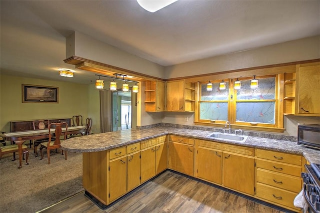 427 S Madison St, Cerro Gordo, IL 61818 - kitchen featuring a sink, open shelves, black microwave, dark wood-type flooring, and a peninsula
