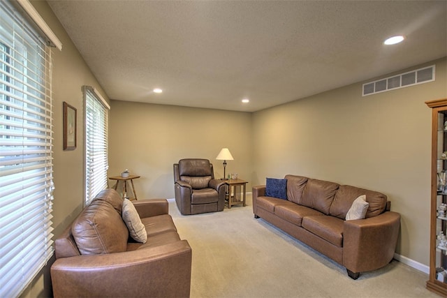 carpeted living room featuring a textured ceiling