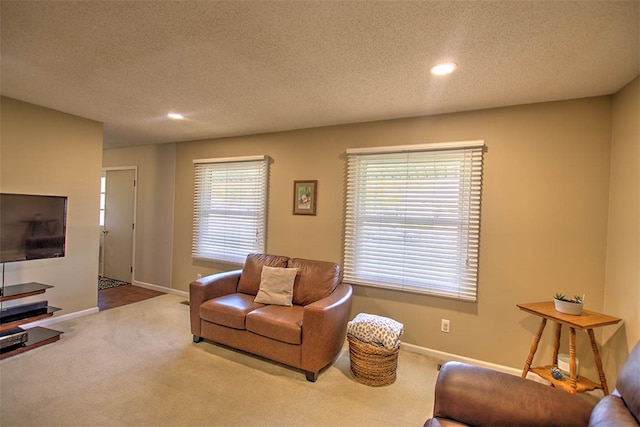 living room with carpet flooring, a wealth of natural light, and a textured ceiling