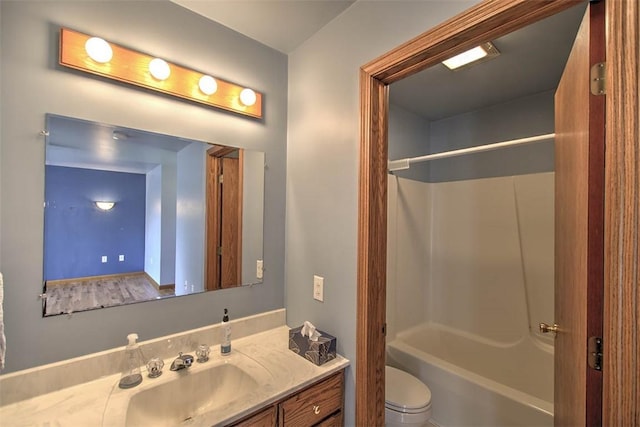 full bathroom with toilet, washtub / shower combination, and vanity
