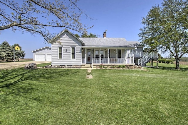 view of front of home featuring an outdoor structure, a garage, a front lawn, a chimney, and a porch