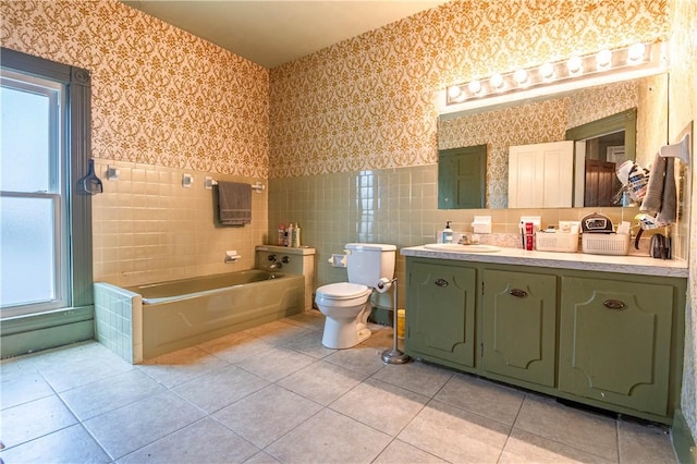 101 W N Water St, Bethany, IL 61914 - full bathroom with wallpapered walls, tile patterned floors, a wainscoted wall, toilet, and vanity