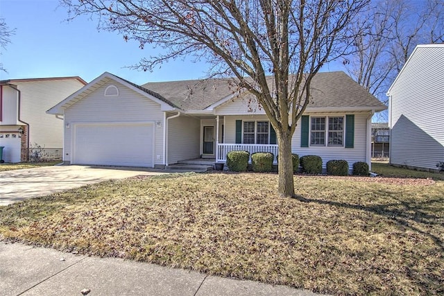 single story home featuring a garage, covered porch, driveway, and a front lawn