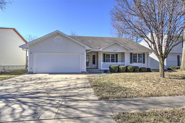 ranch-style house featuring a garage, covered porch, roof with shingles, and driveway