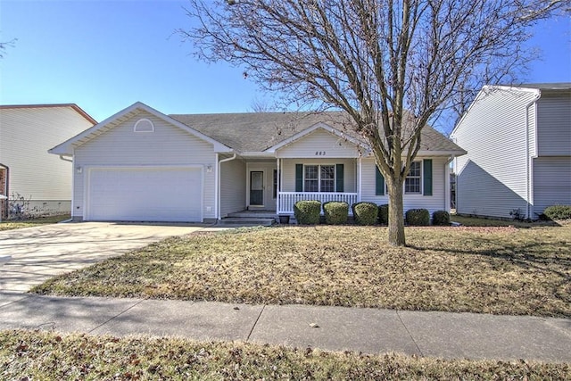 ranch-style home with a garage, driveway, and a porch