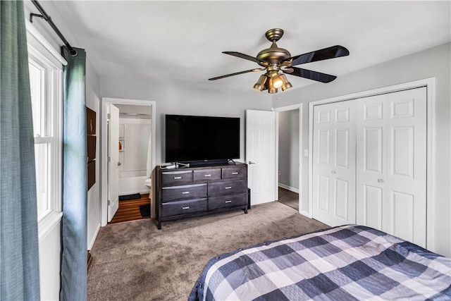 1450 W Westside Dr, Mt Zion, IL 62549 - bedroom with carpet flooring, a closet, a ceiling fan, ensuite bath, and baseboards