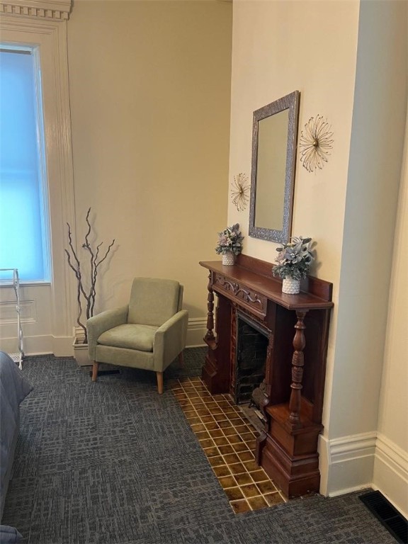 sitting room with dark carpet