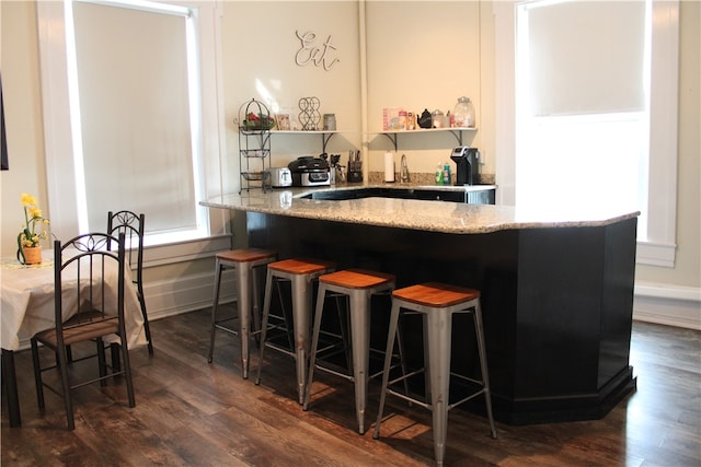 bar with dark hardwood / wood-style floors and light stone counters