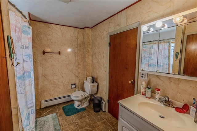 109 S Saint John St, Assumption, IL 62510 - full bath with crown molding, a baseboard heating unit, toilet, a shower with curtain, and vanity