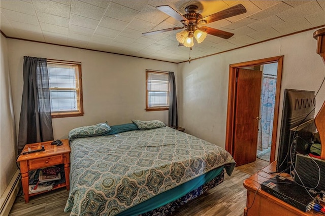 109 S Saint John St, Assumption, IL 62510 - bedroom with multiple windows, a baseboard heating unit, ornamental molding, and wood finished floors