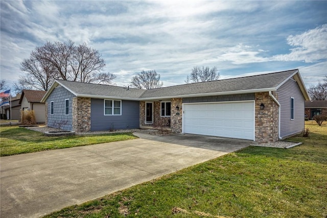 single story home with concrete driveway, stone siding, an attached garage, and a front yard