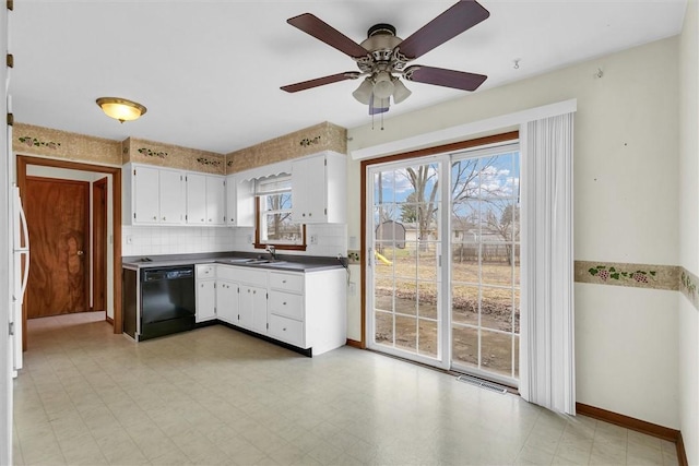 kitchen featuring white cabinetry, dishwasher, sink, decorative backsplash, and ceiling fan