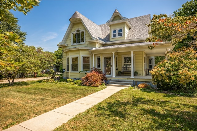 view of front of home with a porch and a front yard