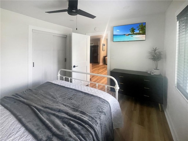 bedroom featuring a closet, a ceiling fan, and wood finished floors