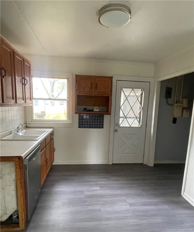 kitchen featuring backsplash, dishwasher, sink, and dark wood-type flooring