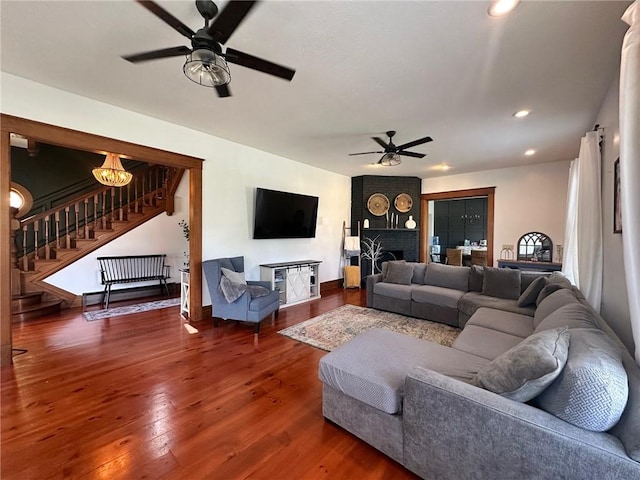 2821 Western Ave, Mattoon, IL 61938 - living room with a ceiling fan, stairs, wood finished floors, and recessed lighting