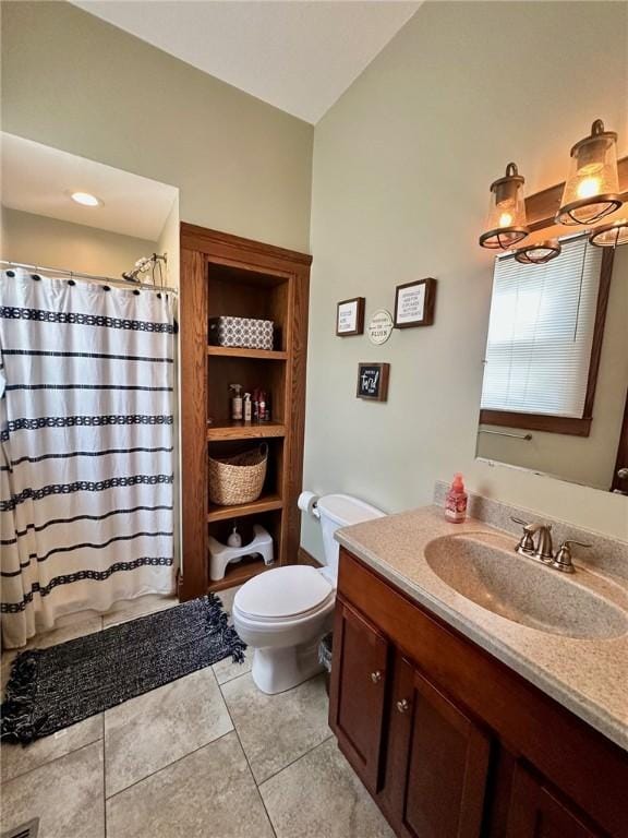 2821 Western Ave, Mattoon, IL 61938 - bathroom featuring vanity, lofted ceiling, a shower with shower curtain, and tile patterned floors