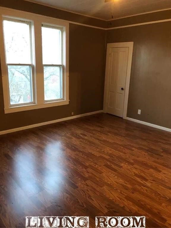 spare room featuring crown molding and dark wood-type flooring