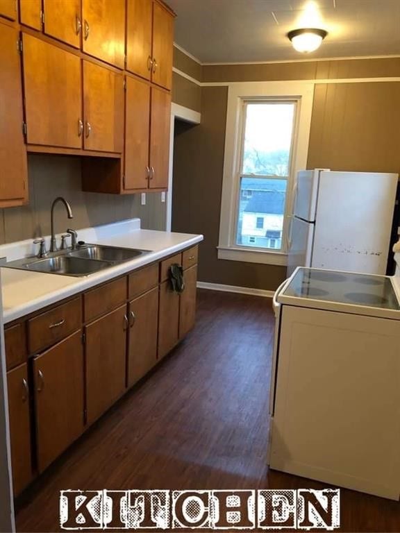 kitchen with dark hardwood / wood-style floors, white fridge, stove, and sink