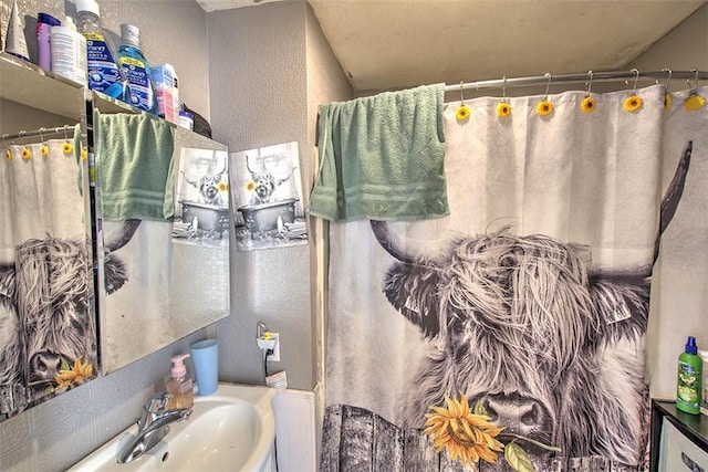 bathroom with curtained shower, a textured wall, and a sink