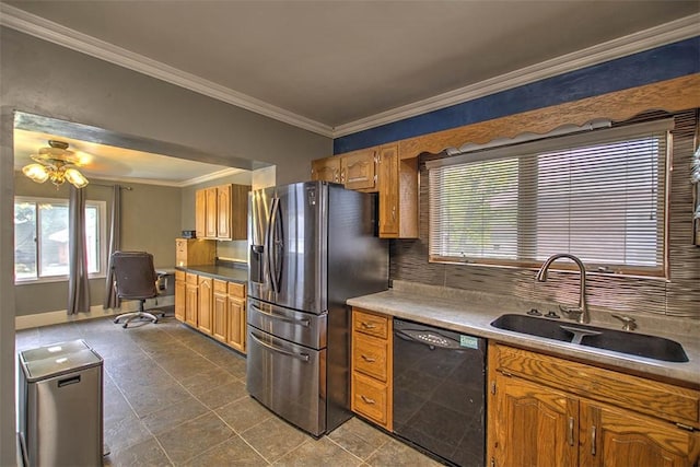 236 N Dennis Ave, Decatur, IL 62522 - kitchen featuring black dishwasher, stainless steel fridge, crown molding, plenty of natural light, and ceiling fan