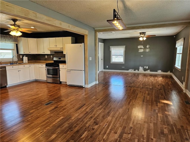 241 S Main St, Argenta, IL 62501 - kitchen featuring appliances with stainless steel finishes, a ceiling fan, open floor plan, under cabinet range hood, and a textured ceiling