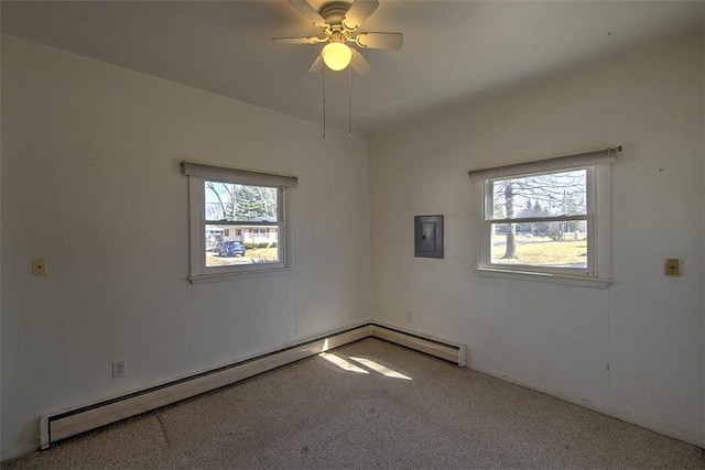 carpeted spare room with electric panel, a baseboard radiator, and ceiling fan