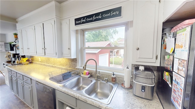 215 E Winter Ave, Danville, IL 61832 - kitchen featuring dishwasher, crown molding, white cabinetry, light countertops, and gray cabinets