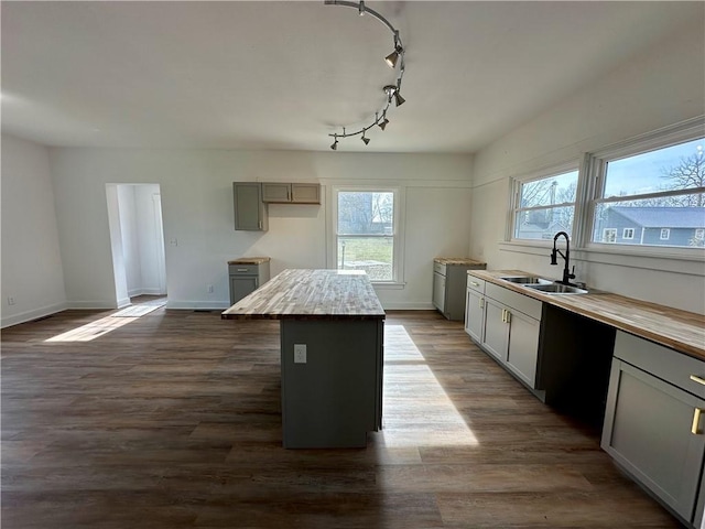 kitchen featuring sink, gray cabinetry, plenty of natural light, dark hardwood / wood-style floors, and a kitchen island