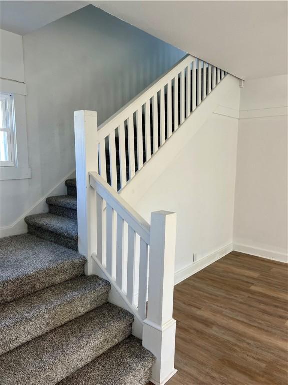 staircase with hardwood / wood-style floors