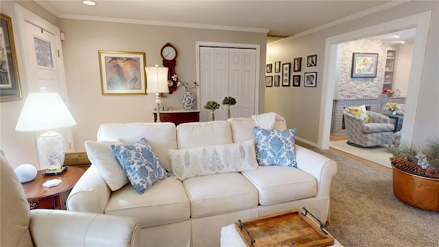 carpeted living area with ornamental molding