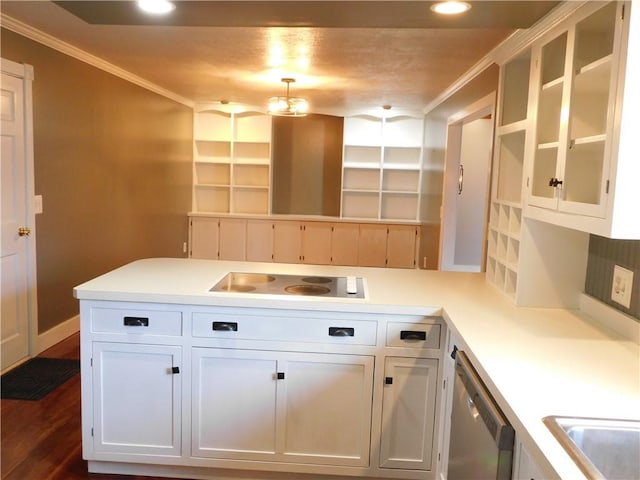 kitchen with white cabinetry, ornamental molding, electric cooktop, and dishwasher