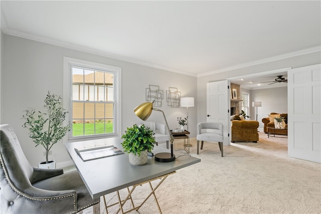 office with light colored carpet, ornamental molding, and baseboards