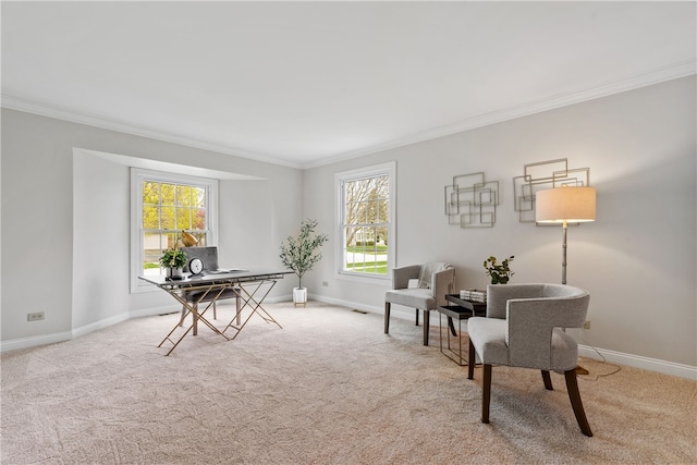 interior space with baseboards, visible vents, ornamental molding, and plenty of natural light