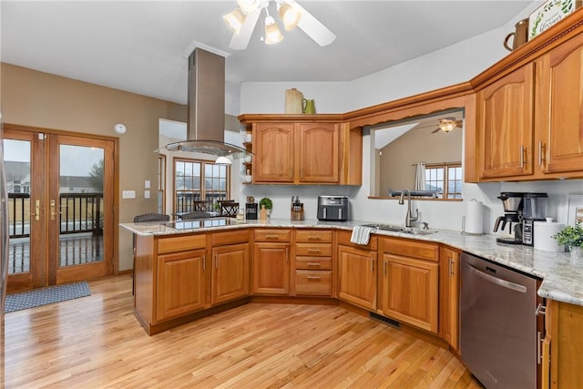 11154 E Ravenwood Ct, Effingham, IL 62401 - kitchen featuring stainless steel dishwasher, island exhaust hood, ceiling fan, and french doors