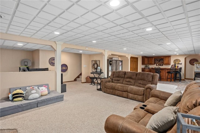 11154 E Ravenwood Ct, Effingham, IL 62401 - living area with stairway, light carpet, recessed lighting, and bar