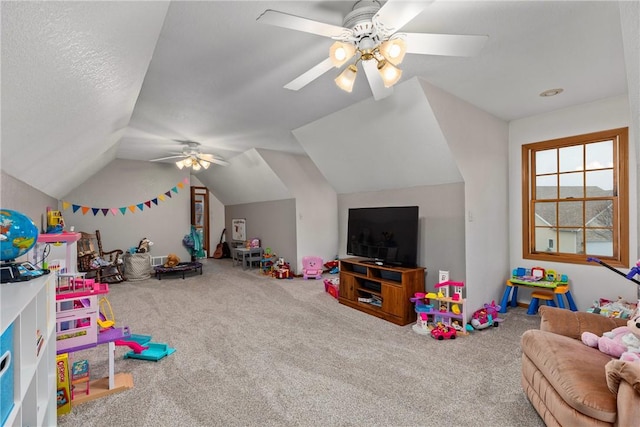11154 E Ravenwood Ct, Effingham, IL 62401 - playroom featuring ceiling fan, carpet flooring, and lofted ceiling